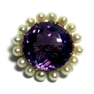 (N3) Dark Amethyst and Pearl 14KTYG Brooch