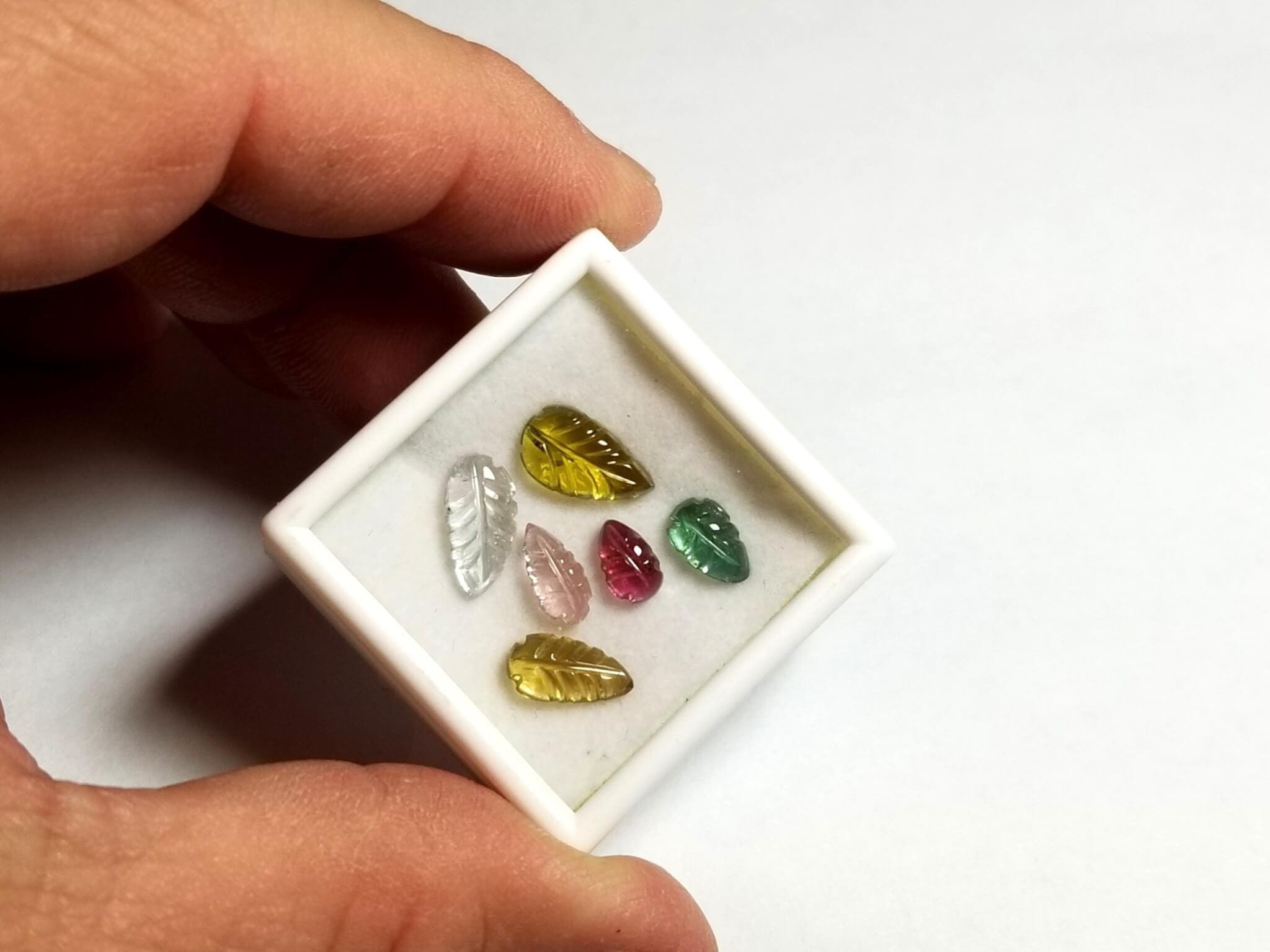 Tourmaline Mixed Color Leaf Carvings 9x7-8x6mm 8.52Ctw (6Pcs) - Image 3