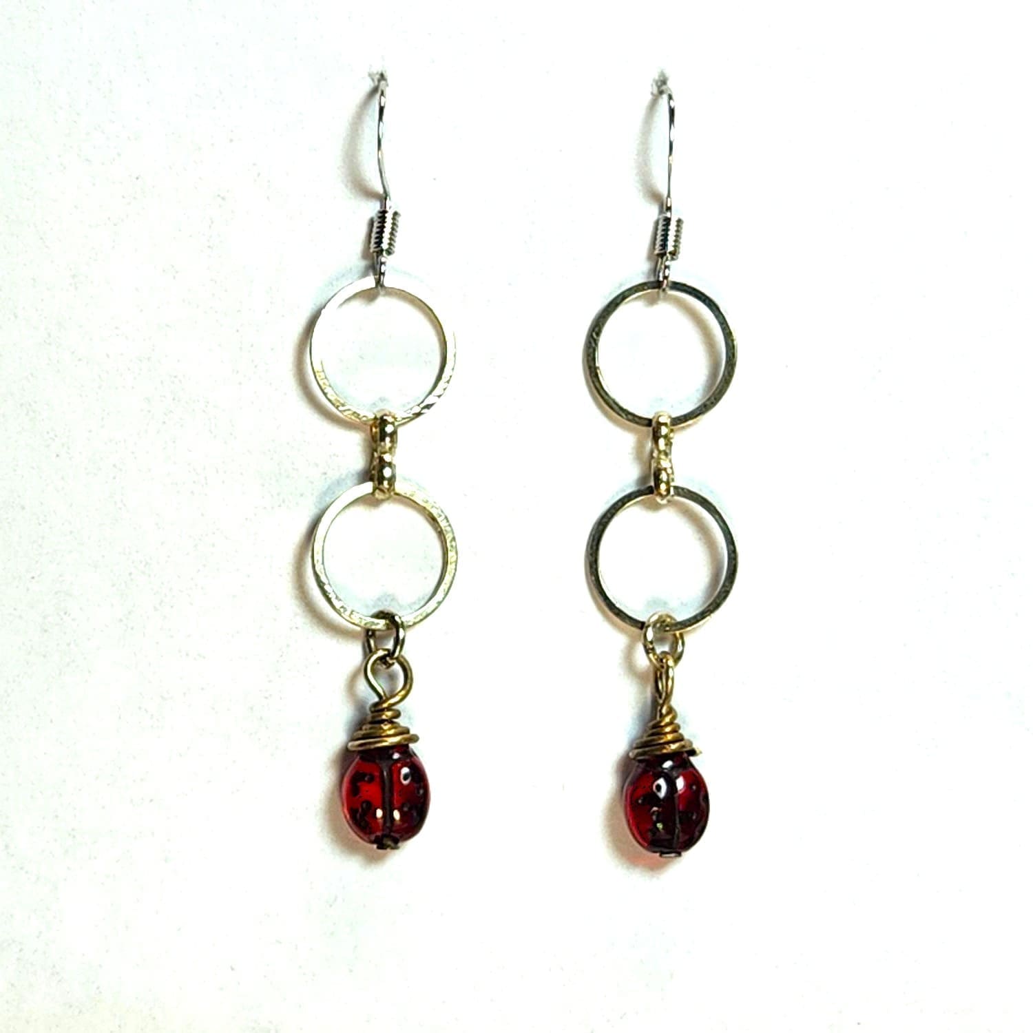 Red Glass Ladybug Double Ring Mixed Metal Earrings #2919
