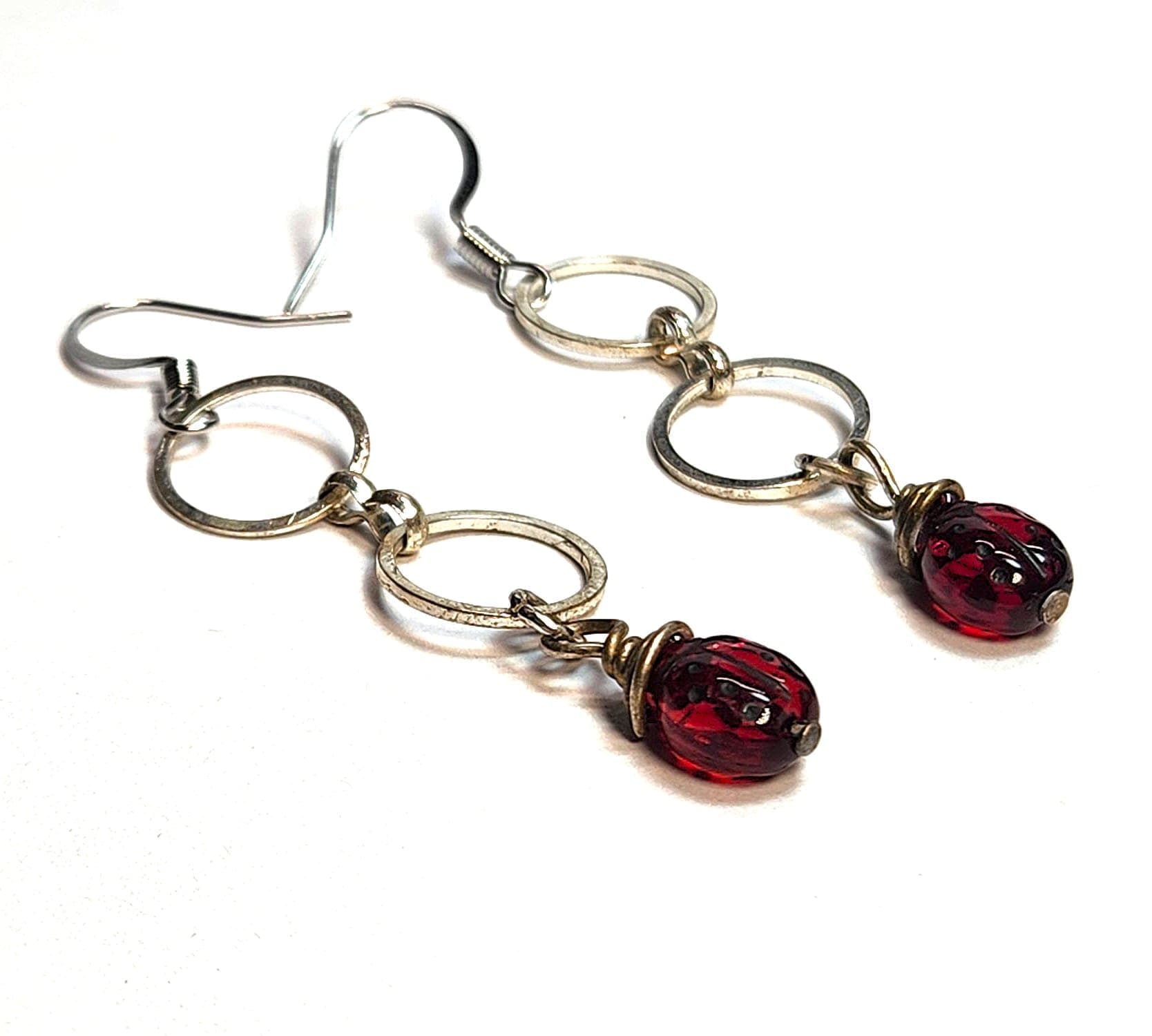 Red Glass Ladybug Double Ring Mixed Metal Earrings #2919 - Image 2