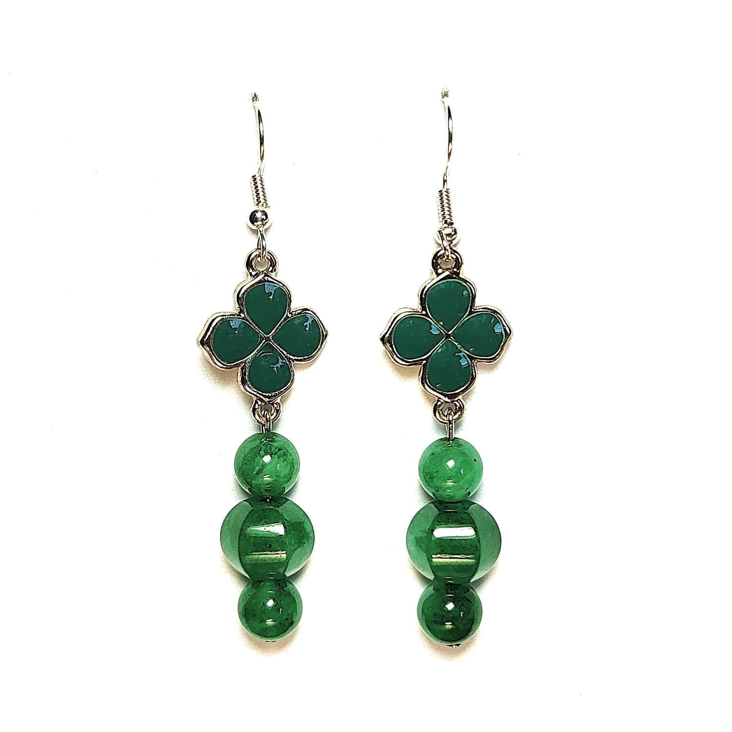 Clover Enamel & Vintage Japanese Glass Bead Mixed Metal Earrings #2886