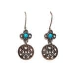 Vintage Turquiose Glass & Fillagree Pattern Mixed Metal Earrings #2889